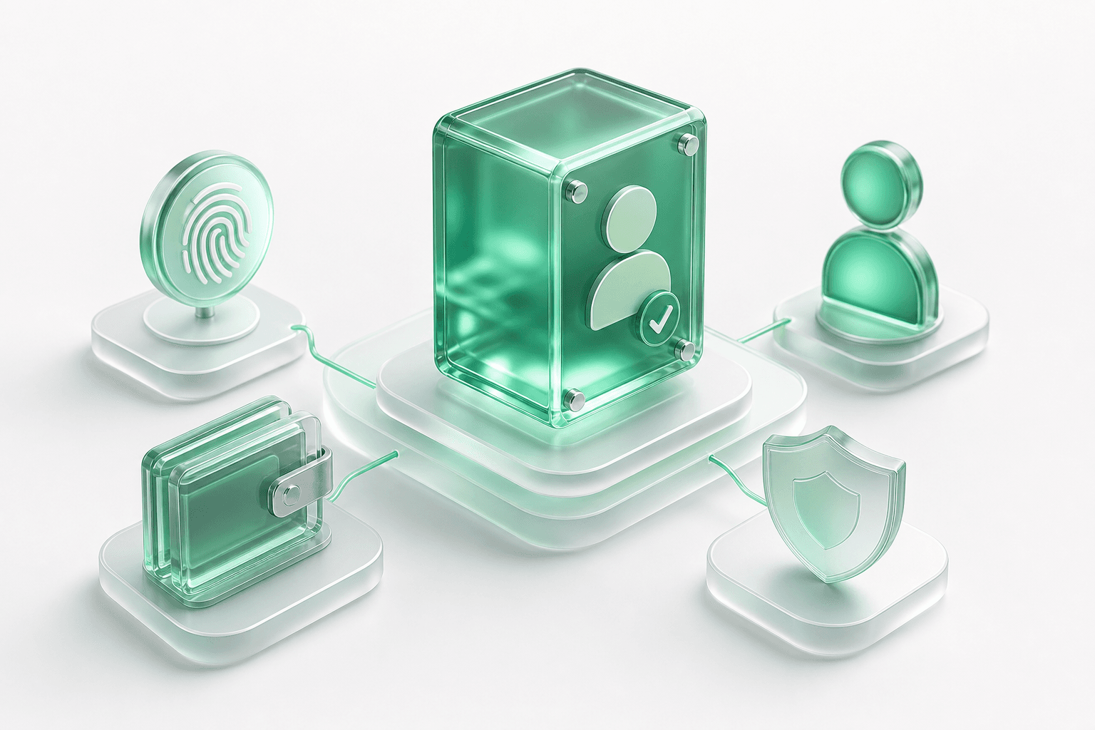3D illustration of a verified agent identity cube, compliance shield, and controlled wallet tiles