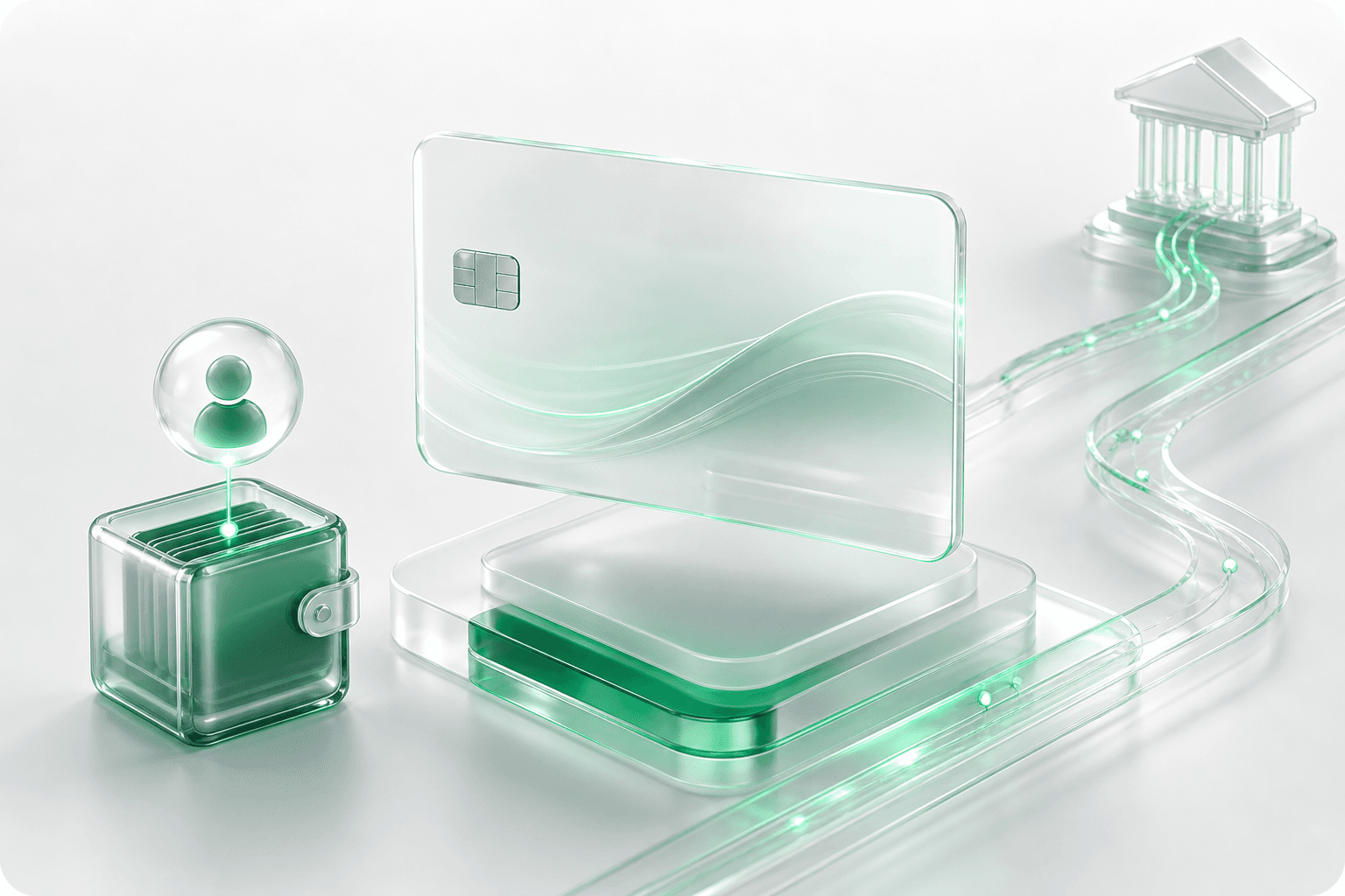 3D illustration of a virtual card, agent wallet, and settlement rails