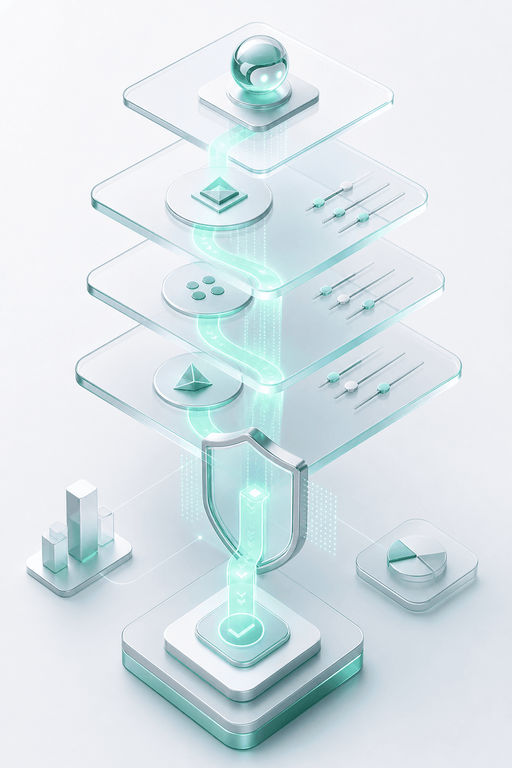 3D illustration of stacked policy layers and guardrail controls for agent finance